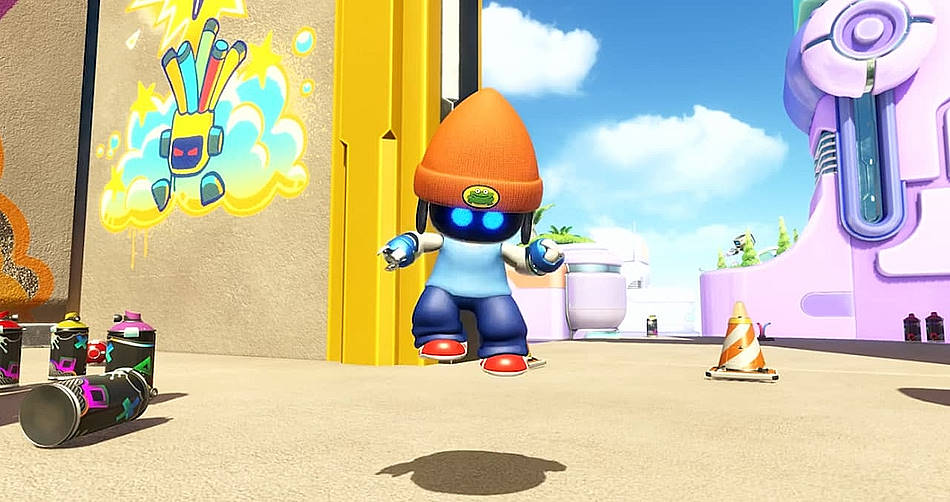 Astro Bot dressed as the iconic Parappa, from PaRappa the Rapper from the pre-order bonus