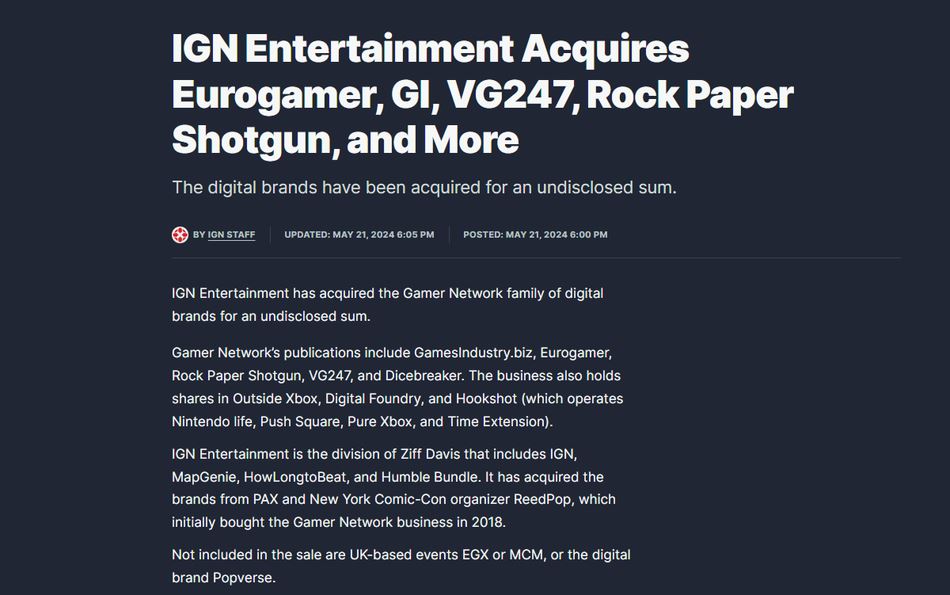 official news of the acquisition of Gamer Network by IGN