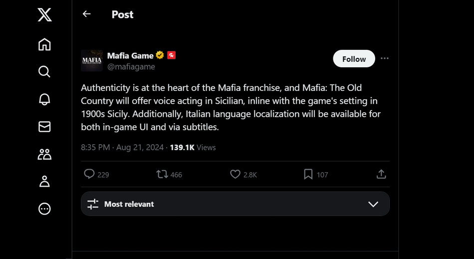 2K confirms on Twitter the Sicilian dubbing for Mafia The Old Country