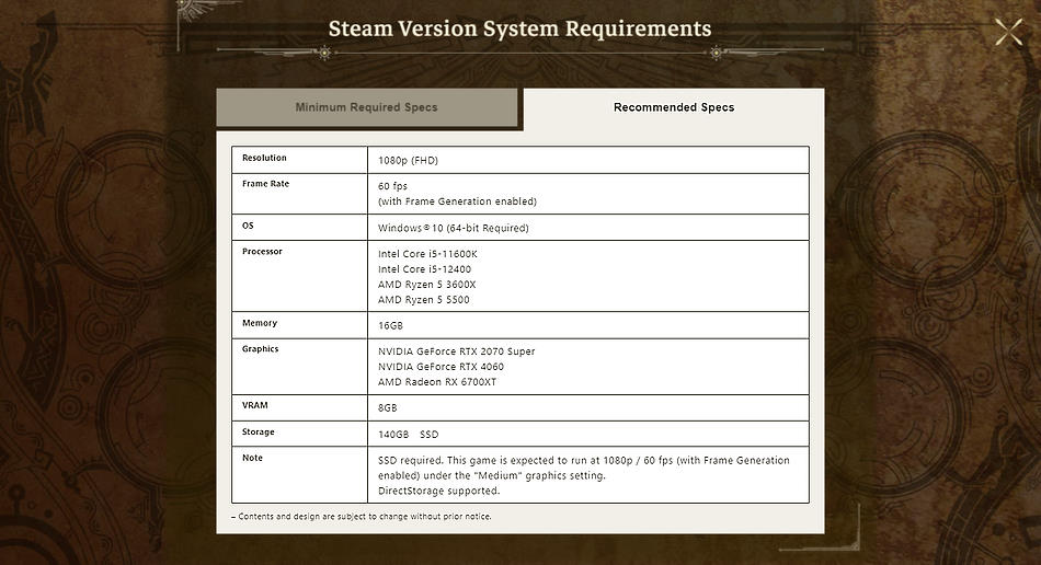 The official recommended system requirements of Monster Hunter Wilds with frame gen