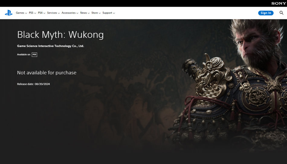 PS Store page awaiting the start of Pre-Orders for Black Myth: Wukong
