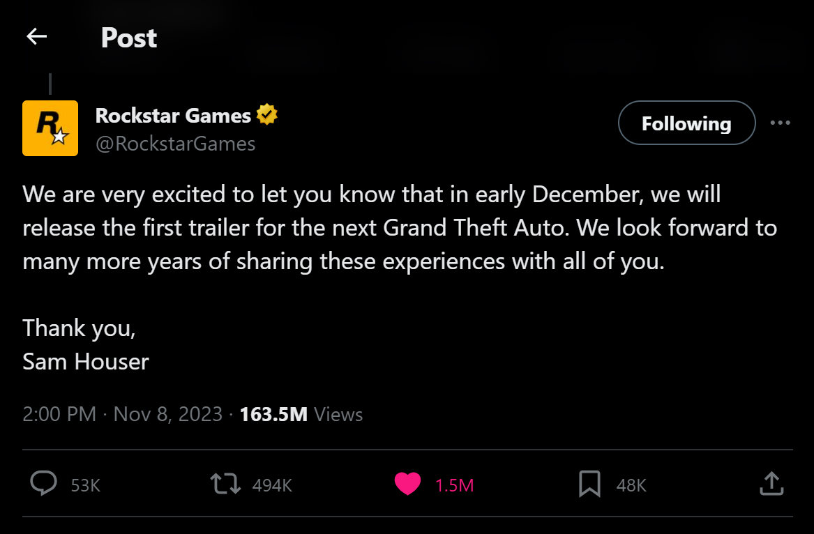 Rockstar Games GTA 6 VI Twitter 25 Anniversary Trailer Announcement December 2023 