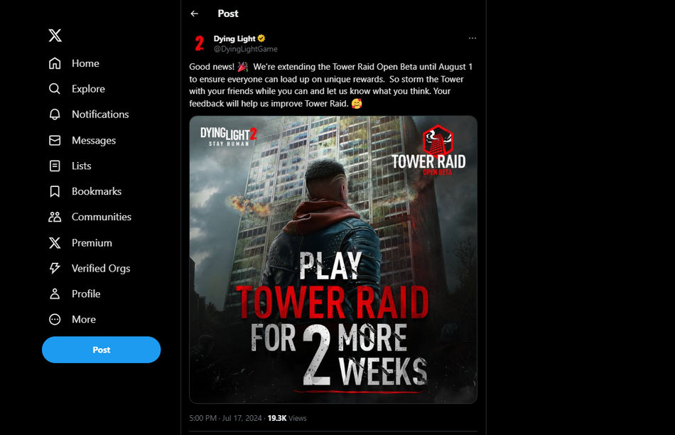 Techland announces the extension of Tower Raid on Dying Light 2, twitter(X)