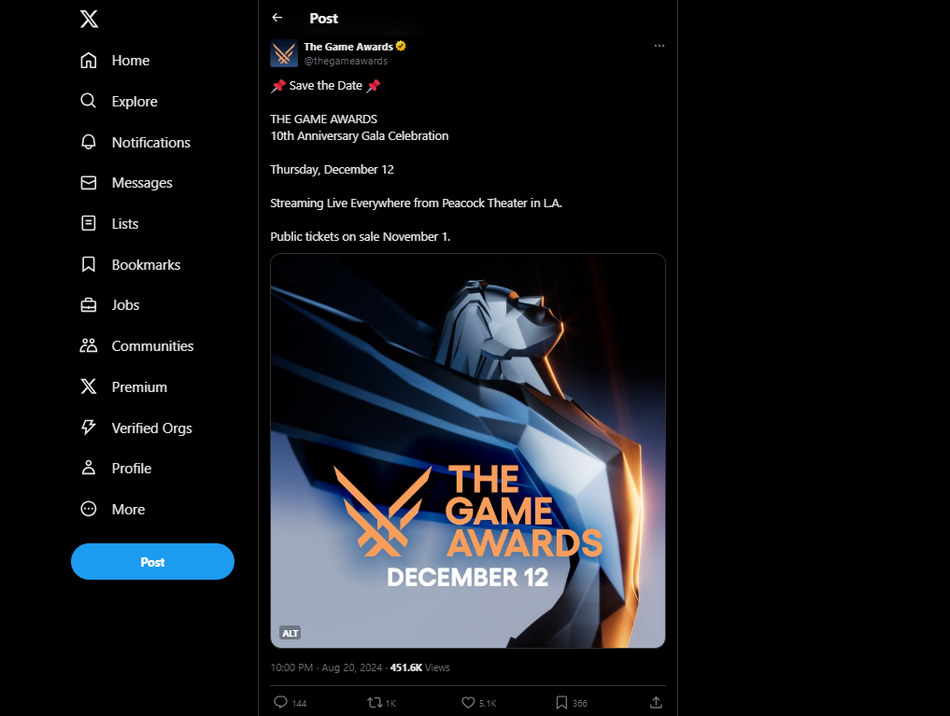 Announcement on Twitter of The Game Awards 2024