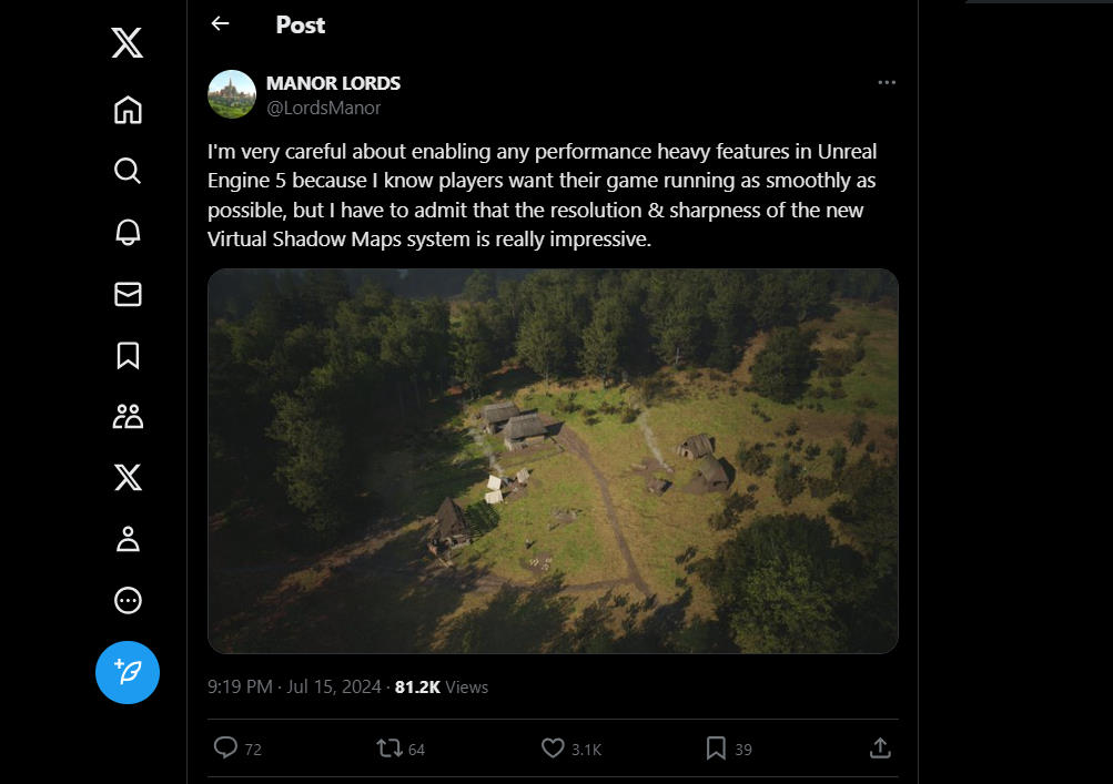 Manor Lords twitter talks about Unreal Engine 5