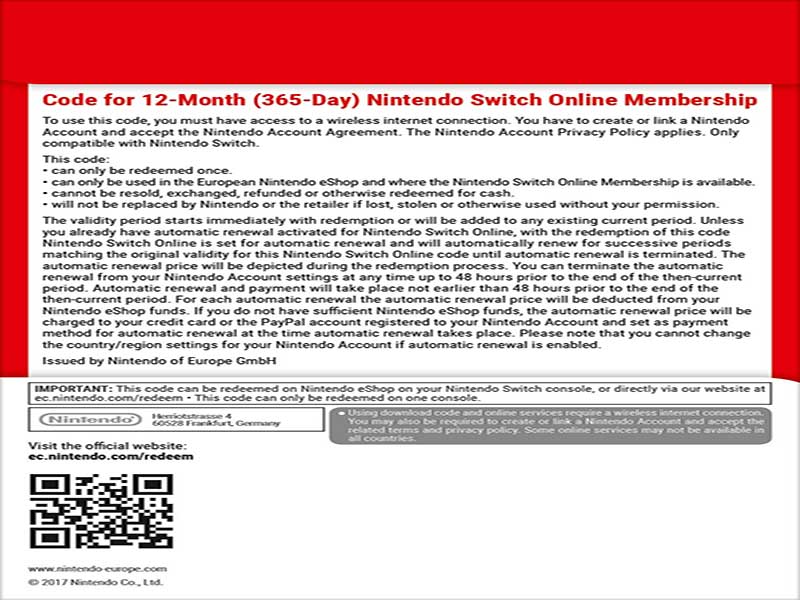 online membership code nintendo switch