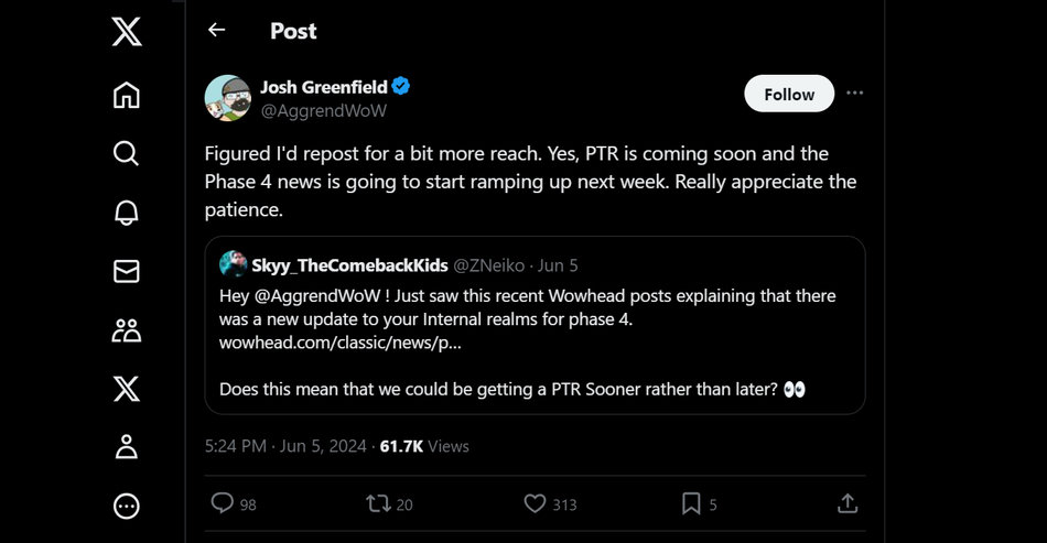 AggrendWoW/Josh Greenfield confirms news coming for SoD Phase 4